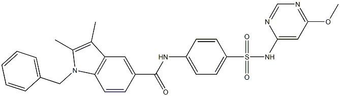 1-benzyl-N-(4-{[(6-methoxy-4-pyrimidinyl)amino]sulfonyl}phenyl)-2,3-dimethyl-1H-indole-5-carboxamide 구조식 이미지