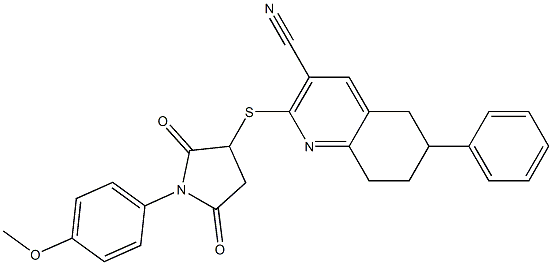 2-((1-(4-methoxyphenyl)-2,5-dioxopyrrolidin-3-yl)sulfanyl)-6-phenyl-5,6,7,8-tetrahydroquinoline-3-carbonitrile 구조식 이미지