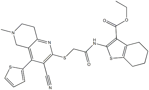 ethyl 2-[(2-{[3-cyano-6-methyl-4-(2-thienyl)-5,6,7,8-tetrahydro[1,6]naphthyridin-2-yl]sulfanyl}acetyl)amino]-4,5,6,7-tetrahydro-1-benzothiophene-3-carboxylate 구조식 이미지