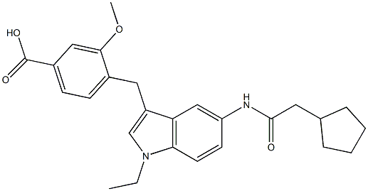 4-[5-Cyclopentylacetylamino-1-ethyl-1H-indol-3-ylmethyl]-3-methoxybenzoic acid 구조식 이미지