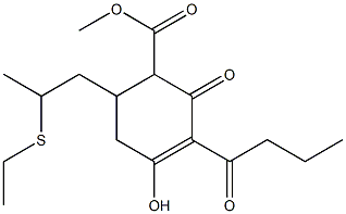 3-Butyryl-6-(2-ethylthiopropyl)-4-hydroxy-2-oxo-3-cyclohexene-1-carboxylic acid methyl ester Structure