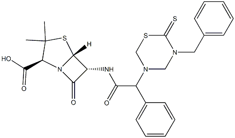 6-[2-Phenyl-2-[(3-benzyl-2-thioxo-3,4,5,6-tetrahydro-2H-1,3,5-thiadiazin)-5-yl]acetylamino]penicillanic acid 구조식 이미지