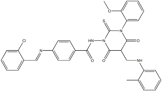 4-(2-Chlorobenzylideneamino)-N-[[hexahydro-4,6-dioxo-2-thioxo-3-(2-methoxyphenyl)-5-(2-methylphenylaminomethyl)pyrimidin]-1-yl]benzamide Structure