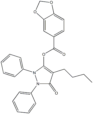 Piperonylic acid 4-butyl-5-oxo-1,2-diphenyl-3-pyrazolin-3-yl ester 구조식 이미지