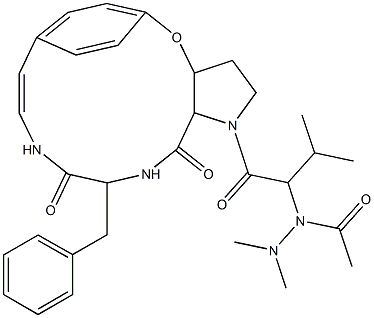 13-Benzyl-1-[2-[(dimethylamino)acetylamino]-3-methylbutyryl]-2,3,3a,13,14,15a-hexahydro-5,8-ethenopyrrolo[3,2-b][1,5,8]oxadiazacyclotetradecine-12,15(1H,11H)-dione Structure