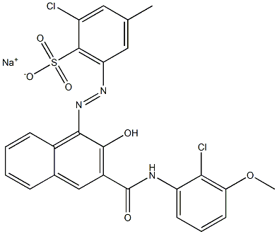 2-Chloro-4-methyl-6-[[3-[[(2-chloro-3-methoxyphenyl)amino]carbonyl]-2-hydroxy-1-naphtyl]azo]benzenesulfonic acid sodium salt 구조식 이미지