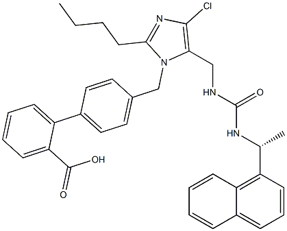 4'-[[2-Butyl-4-chloro-5-[3-[(R)-1-(1-naphthalenyl)ethyl]ureidomethyl]-1H-imidazol-1-yl]methyl]-1,1'-biphenyl-2-carboxylic acid 구조식 이미지