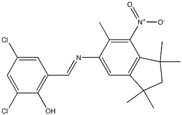 2,4-dichloro-6-{[(1,1,3,3,6-pentamethyl-7-nitro-2,3-dihydro-1H-inden-5-yl)i mino]methyl}phenol Structure