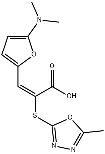 2-Propenoic  acid,  3-[5-(dimethylamino)-2-furanyl]-2-[(5-methyl-1,3,4-oxadiazol-2-yl)thio]-,  (2E)- Structure