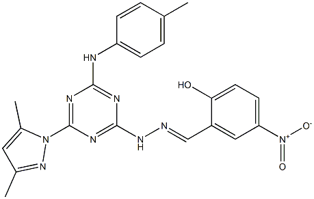 2-hydroxy-5-nitrobenzaldehyde [4-(3,5-dimethyl-1H-pyrazol-1-yl)-6-(4-toluidino)-1,3,5-triazin-2-yl]hydrazone Structure