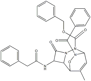 benzyl 8-benzoyl-10-methyl-4-oxo-3-[(phenylacetyl)amino]-9-oxa-5,6,8-triazatricyclo[5.2.2.0~2,5~]undec-10-ene-6-carboxylate Structure