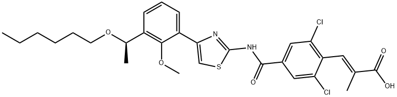 (R)-(E)-3-(2,6-dichloro-4-{4-[2-methyloxy-3-(1-hexyloxyethyl)phenyl]thiazol-2-ylcarbamoyl}phenyl)-2-methylacrylic acid 구조식 이미지