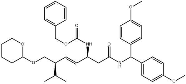 [(E)-(1S,4R)-1-({[Bis-(4-methoxy-phenyl)-methyl]-carbamoyl}-methyl)-5-methyl-4-(tetrahydro-pyran-2-yloxymethyl)-hex-2-enyl]-carbamic acid benzyl ester 구조식 이미지