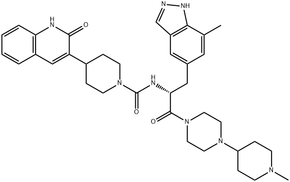 1-Piperidinecarboxamide, 4-(1,2-dihydro-2-oxo-3-quinolinyl)-N-[(1R)-1-[(7-methyl-1H-indazol-5-yl)methyl]-2-[4-(1-methyl-4-piperidinyl)-1-piperazinyl]-2-oxoethyl]- 구조식 이미지