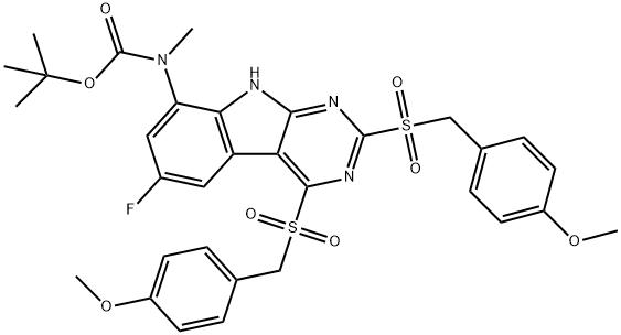 Carbamic acid, N-[6-fluoro-2,4-bis[[(4-methoxyphenyl)methyl]sulfonyl]-9H-pyrimido[4,5-b]indol-8-yl]-N-methyl-,1,1-dimethylethyl ester Structure