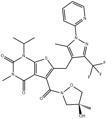 (S)-5-(4-hydroxy-4-methylisoxazolidine-2-carbonyl)-1-isopropyl-3-methyl-6-((5-methyl-1-(pyridin-2-yl)-3-(trifluoromethyl)-1H-pyrazol-4-yl)methyl)thieno[2,3-d]pyrimidine-2,4(1H,3H)-dione Structure