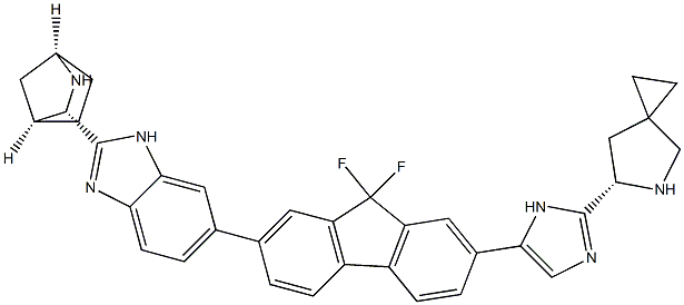 (6S)-6-[5-[7-[2-(1R,3S,4S)-2-azabicyclo[2.2.1]hept-3-yl-1H-benzimidazol-6-yl]-9,9-difluoro-9H-fluoren-2-yl]-1H-imidazol-2-yl]-5-Azaspiro[2.4]heptane Structure