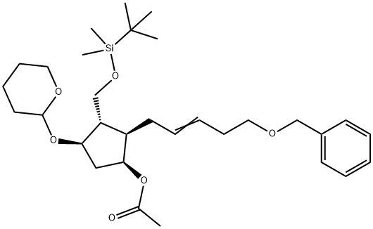 (1S,2R,3S,4R)-2-((E)-5-(benzyloxy)pent-2-en-1-yl)-3-(((tert-butyldimethylsilyl)oxy)methyl)-4-((tetrahydro-2H-pyran-2-yl)oxy)cyclopentyl acetate Structure