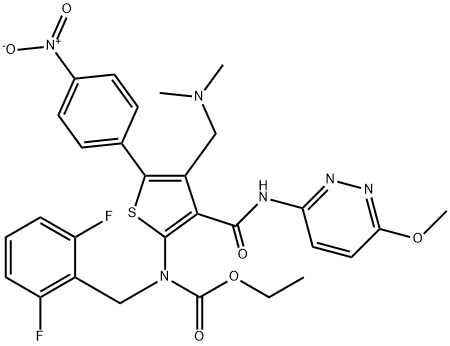 Carbamic acid, N-[(2,6-difluorophenyl)methyl]-N-[4-[(dimethylamino)methyl]-3-[[(6-methoxy-3-pyridazinyl)amino]carbonyl]-5-(4-nitrophenyl)-2-thienyl]-, ethyl ester 구조식 이미지