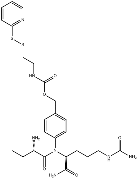 [4-[[(2S)-2-[[(2S)-2-amino-3-methylbutanoyl]amino]-5-(carbamoylamino)pentanoyl]amino]phenyl]methyl N-[2-(pyridin-2-yldisulfanyl)ethyl]carbamate Structure