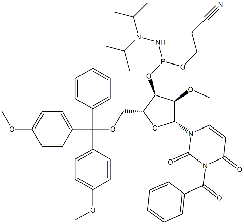 Uridine, 3-benzoyl-5'-O-[bis(4-methoxyphenyl)phenylmethyl]-2'-O-methyl-, 3'-[2-cyanoethyl [bis(1-methylethyl)amino]phosphoramidite] (9CI) 구조식 이미지