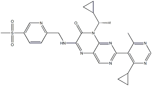 8-((S)-1-Cyclopropyl-ethyl)-2-(4-cyclopropyl-6-methyl-pyrimidin-5-yl)-6-[(5-methanesulfonyl-pyridin-2-ylmethyl)-amino]-8H-pteridin-7-one Structure