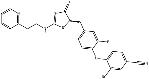 3-Bromo-4-[2-fluoro-4-[[4-oxo-2-[[2-(pyridin-2-yl)ethyl]amino]-1,3-thiazol-5-(4H)ylidene]methyl]phenoxy]benzonitrile 구조식 이미지