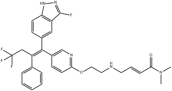 2-Butenamide, N,N-dimethyl-4-[[2-[[5-[(1Z)-4,4,4-trifluoro-1-(3-fluoro-1H-indazol-5-yl)-2-phenyl-1-buten-1-yl]-2-pyridinyl]oxy]ethyl]amino]-, (2E)- Structure