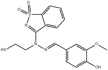 (E)-3-(2-(4-hydroxy-3-methoxybenzylidene)-1-(2-hydroxyethyl)hydrazinyl)benzo[d]isothiazole 1,1-dioxide Structure