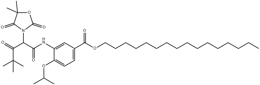 hexadecyl 3-[2-(5,5-dimethyl-2,4-dioxo-1,3-oxazolidin-3-yl)-4,4-dimethyl-3-oxovaleramido]-4-isopropoxybenzoate Structure