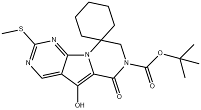 Spiro[cyclohexane-1,9'(6'H)-pyrazino[1',2':1,5]pyrrolo[2,3-d]pyrimidine]-7'(8'H)-carboxylic acid, 5'-hydroxy-2'-(methylthio)-6'-oxo-, 1,1-dimethylethyl ester 구조식 이미지