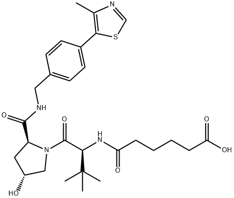 6-(((S)-1-((2S,4R)-4-hydroxy-2-((4-(4-methylthiazol-5-yl)benzyl)carbamoyl)pyrrolidin-1-yl)-3,3-dimethyl-1-oxobutan-2-yl)amino)-6-oxohexanoic acid 구조식 이미지