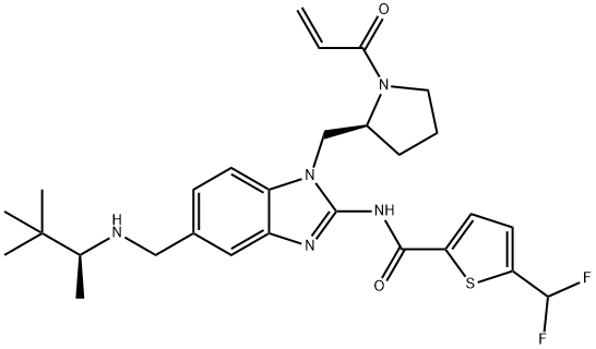 2-Thiophenecarboxamide, 5-(difluoromethyl)-N-[1-[[(2S)-1-(1-oxo-2-propen-1-yl)-2-pyrrolidinyl]methyl]-5-[[[(1S)-1,2,2-trimethylpropyl]amino]methyl]-1H-benzimidazol-2-yl]- Structure