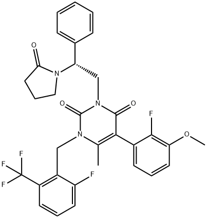 (R)-5-(2-fluoro-3-methoxyphenyl)-1-(2-fluoro-6-(trifluoromethyl)benzyl)-6-methyl-3-(2-(2-oxopyrrolidin-1-yl)-2-phenylethyl)pyrimidine-2,4(1H,3H)-dione 구조식 이미지