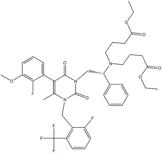 diethyl 4,4'-((2-(5-(2-fluoro-3-methoxyphenyl)-3-(2-fluoro-6-(trifluoromethyl)benzyl)-4-methyl-2,6-dioxo-3,6-dihydropyrimidin-1(2H)-yl)-1-phenylethyl)azanediyl)(R)-dibutyrate 구조식 이미지