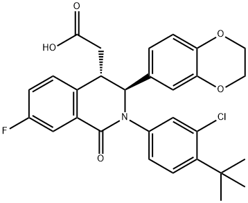 4-Isoquinolineacetic acid, 2-[3-chloro-4-(1,1-dimethylethyl)phenyl]-3-(2,3-dihydro-1,4-benzodioxin-6-yl)-7-fluoro-1,2,3,4-tetrahydro-1-oxo-, (3S,4S)- Structure