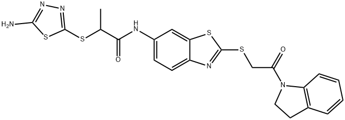 2-[(5-amino-1,3,4-thiadiazol-2-yl)sulfanyl]-N-(2-{[2-(2,3-dihydro-1H-indol-1-yl)-2-oxoethyl]sulfanyl}-1,3-benzothiazol-6-yl)propanamide 구조식 이미지