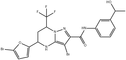 3-bromo-5-(5-bromo-2-furyl)-N-[3-(1-hydroxyethyl)phenyl]-7-(trifluoromethyl)-4,5,6,7-tetrahydropyrazolo[1,5-a]pyrimidine-2-carboxamide 구조식 이미지