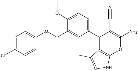 6-amino-4-{3-[(4-chlorophenoxy)methyl]-4-methoxyphenyl}-3-methyl-1,4-dihydropyrano[2,3-c]pyrazole-5-carbonitrile Structure
