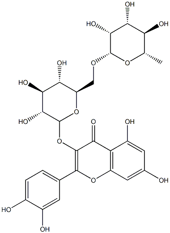 2-(3,4-dihydroxyphenyl)-5,7-dihydroxy-3-[(2S,3R,4S,5S,6R)-3,4,5-trihydroxy-6-[[(2R,3R,4R,5R,6S)-3,4,5-trihydroxy-6-methyloxan-2-yl]oxymethyl]oxan-2-yl]oxychromen-4-one Structure