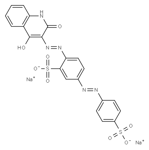Benzenesulfonic acid, 2-[(1,2-dihydro-4-hydroxy-2-oxo-3-quinolinyl)azo]-5-[(4-sulfophenyl)azo]-, disodium salt Structure