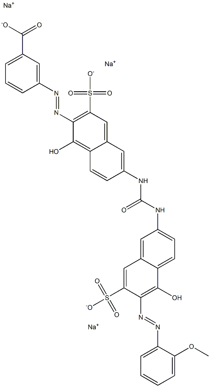 Benzoic acid, 3-[[1-hydroxy-6-[[[[5-hydroxy-6-[(2-methoxyphenyl)azo]-7-sulfo-2-naphthalenyl]amino]carbonyl]amino]-3-sulfo-2-naphthalenyl]azo]-, trisodium salt 구조식 이미지