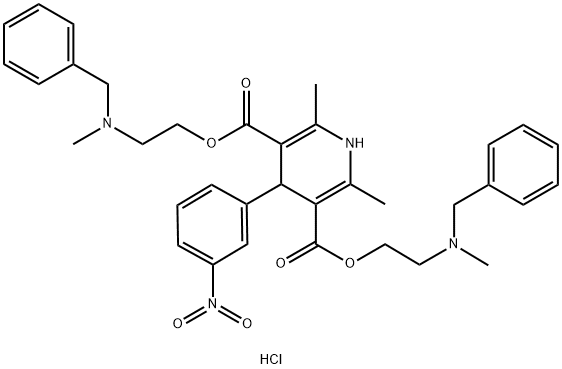 Bis{2-[benzyl(methyl)amino]ethyl} 2,6-dimethyl-4-(3-nitrophenyl)-1,4-dihydropyridine-3,5-dicarboxylate dihydrochloride Structure