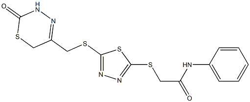 2-[(5-{[(2-oxo-3,6-dihydro-2H-1,3,4-thiadiazin-5-yl)methyl]sulfanyl}-1,3,4-thiadiazol-2-yl)sulfanyl]-N-phenylacetamide 구조식 이미지