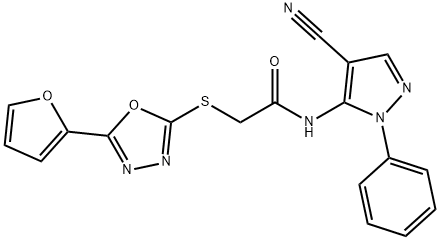 N-(4-cyano-1-phenyl-1H-pyrazol-5-yl)-2-{[5-(2-furyl)-1,3,4-oxadiazol-2-yl]sulfanyl}acetamide 구조식 이미지