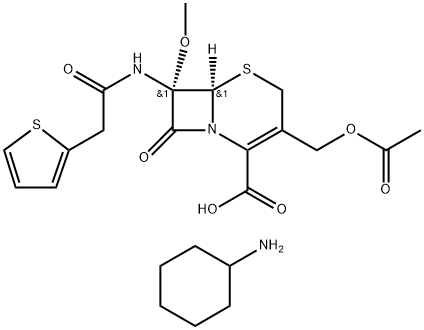 cyclohexanaminium (6R,7S)-3-(acetoxymethyl)-7-methoxy-8-oxo-7-[2-(2-thienyl)acetamido]-5-thia-1-azabicyclo[4.2.0]oct-2-ene-2-carboxylate Structure