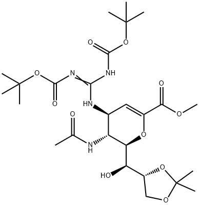 (2R,3R,4S)-methyl3-acetamido-4-(2,3-bis(tert-butoxycarbonyl)guanidino)-2-((S)-((R)-2,2-dimethyl-1,3-dioxolan-4-yl)(hydroxy)methyl)-3,4-dihydro-2H-pyran-6-carboxylate Structure