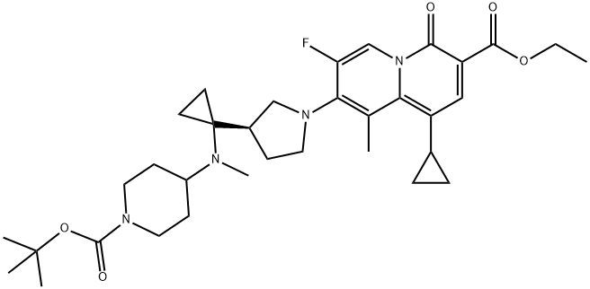 ethyl (R)-8-(3-(1-((1-(tert-butoxycarbonyl)piperidin-4-yl)(methyl)amino)cyclopropyl)pyrrolidin-1-yl)-1-cyclopropyl-7-fluoro-9-methyl-4-oxo-4H-quinolizine-3-carboxylate Structure