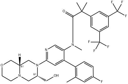 N-{6-[(7S,9aS)-7-(hydroxymethyl)-octahydropyrazino[2,1-c][1,4]oxazin-8-yl]-4-(4-fluoro-2-methylphenyl)pyridin-3-yl}-2-[3,5-bis(trifluoromethyl)phenyl]-N,2-dimethylpropanamide Structure