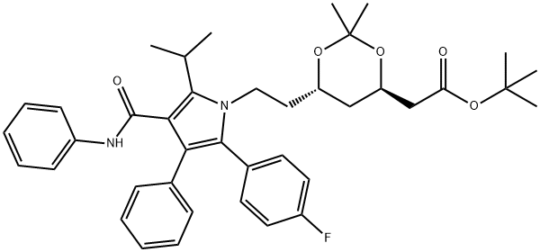 tert-butyl 2-((4R,6S)-6-(2-(2-(4-fluorophenyl)-5-isopropyl-3-phenyl- 4-(phenylcarbamoyl)-1H-pyrrol-1-yl)ethyl)-2,2-dimethyl-1,3-dioxan-4-yl)acetate Structure